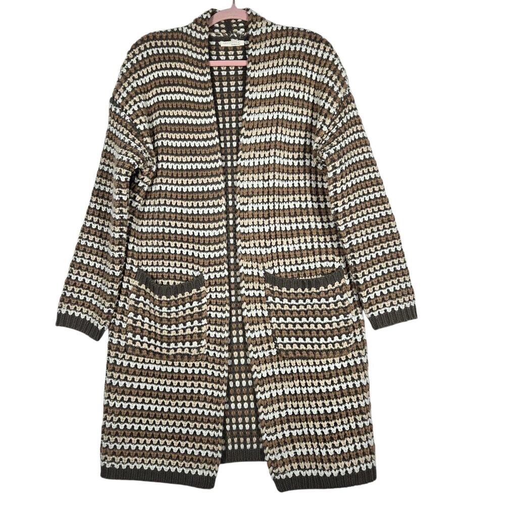 Lovestitch Cardigan Sweater Womens Small Brown Cream Striped Open Chunky Cozy